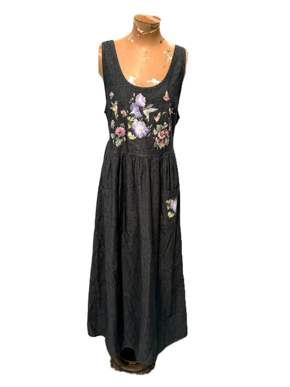 Vintage Denim Dress USA Made Appliqued Hummingbirds Cottagecore Twee Coastal
